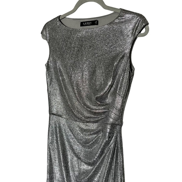 Lauren Ralph Lauren Silver Metallic Boat Neck Formal Evening Gown Size 2 ALTERED - Picture 2 of 9